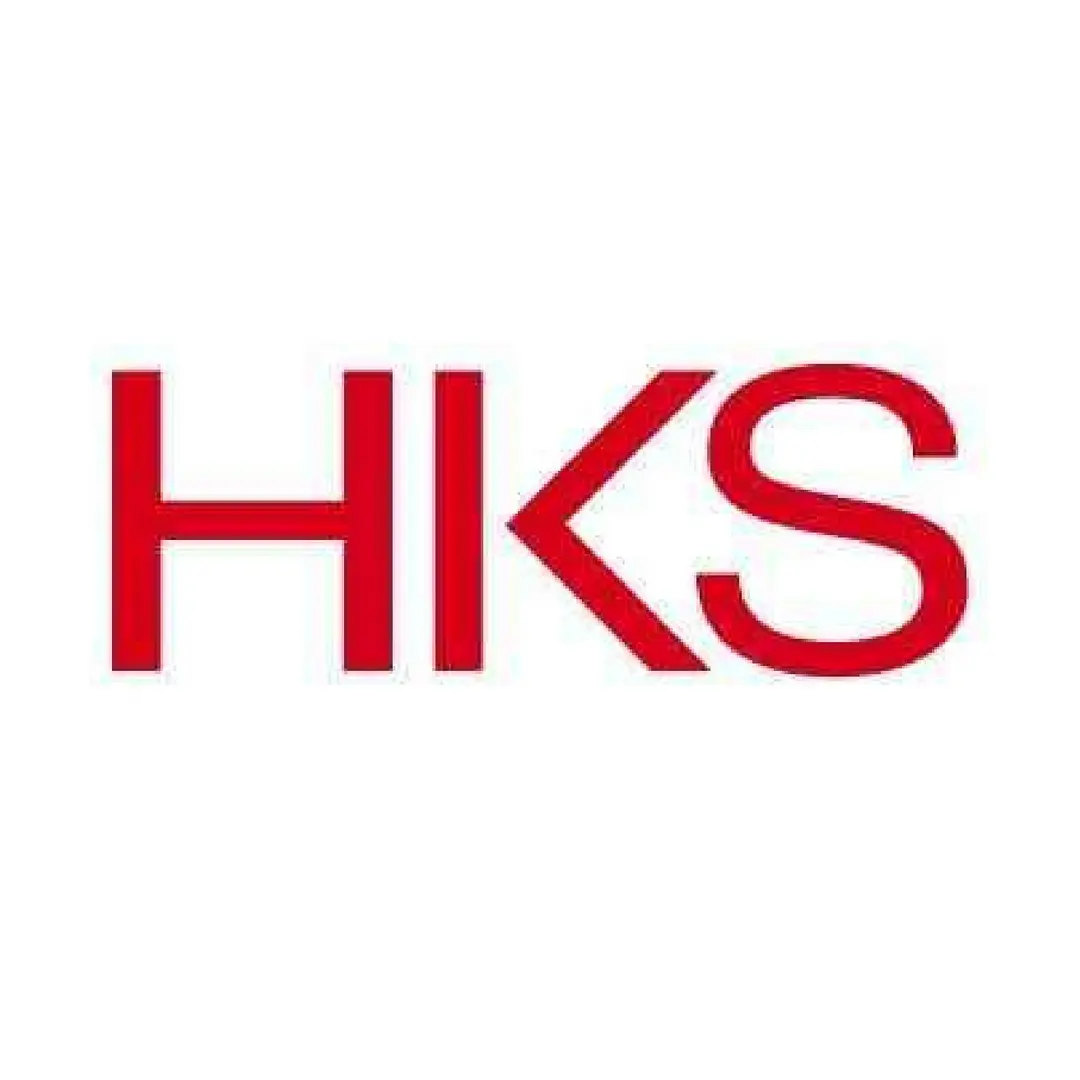 Here's an alt tag for the image: HKS logo, red letters.