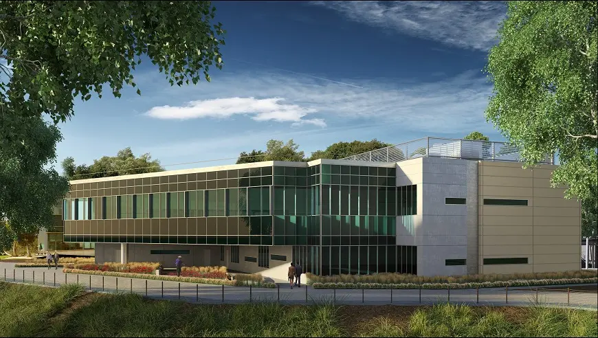 A rendering of the exterior of an office building.