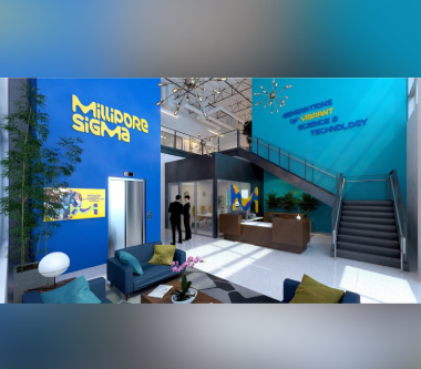 A lobby with stairs and a blue wall.