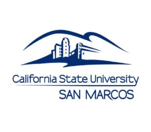 A blue and white logo of california state university san marcos.